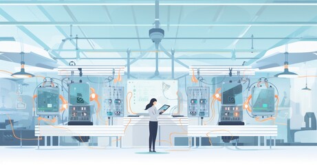 Modern lab scene with scientist and AI-driven robotic technology.