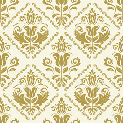 Classic seamless pattern. Damask orient yellow and golden ornament. Classic vintage background. Orient pattern for fabric, wallpapers and packaging