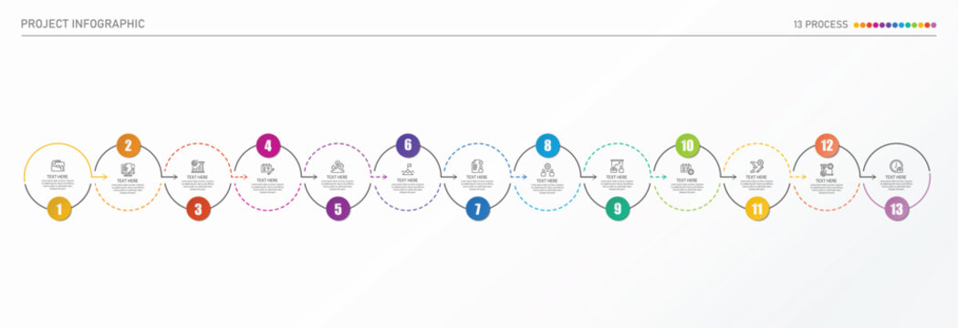 Infographic process design with icons and 13 options or steps.