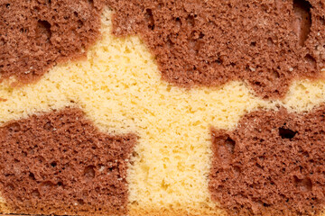 Two-color sponge cake texture. Macro shot of cake cut.