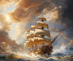 Magnificent ancient sailing ship in a stormy sea - obrazy, fototapety, plakaty