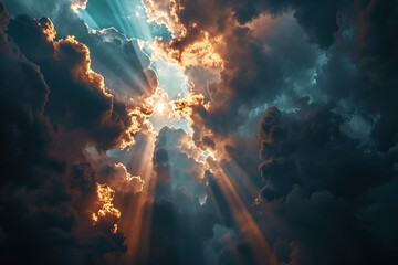 The sun breaking through the clouds in a beautiful sky - obrazy, fototapety, plakaty
