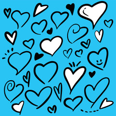 Hand drawing heart on blue background. Hand drawing curved heart  set.