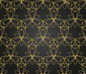 Floral ornament. Seamless black and golden classic background with flowers. Pattern with repeating floral elements. Ornament for wallpaper and packaging