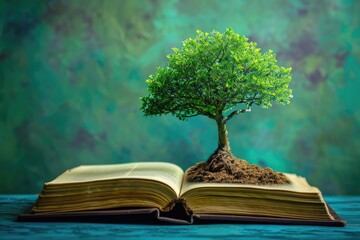 tree growing from an open book, symbolizing the growth of knowledge and ideas