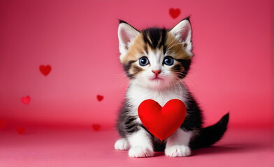 Valentien's day, kitten, heart, simple background. Generative AI