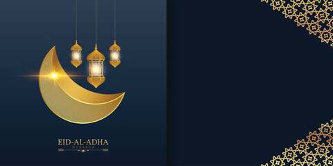 Eid al-adha wishes or greeting bakrid festival banner design with golden moon and blue color Islamic pattern background with goat, social media wishing banner or poster vector illustration