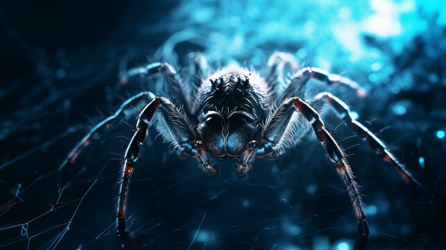 Close-up of a spider on a blue background in the dark. Macro photos of insects in their natural habitat.