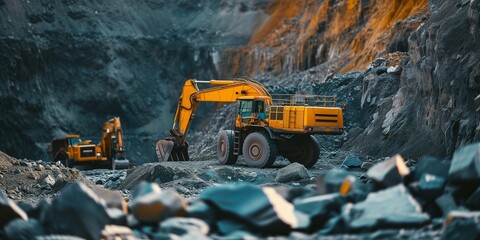 Trucks and excavator working in open mine