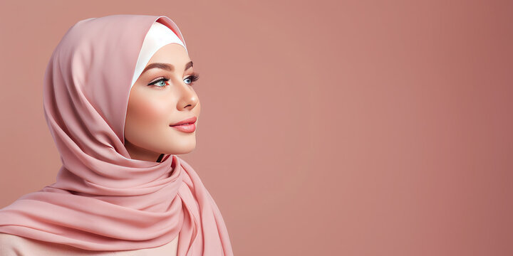 Portrait of an Arab girl wearing a beautiful modern hijab .February 1 is World Hijab Day. Banner. Copy space for text