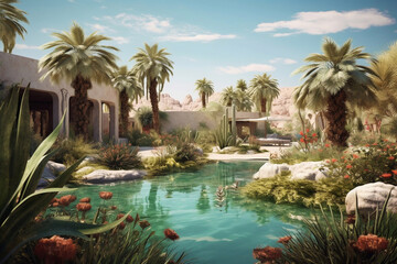 Desert oasis retreat: tranquil palm paradise.