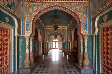 Fototapeta na wymiar Entrance to the Indian Palace. Excursion in Indian palaces.