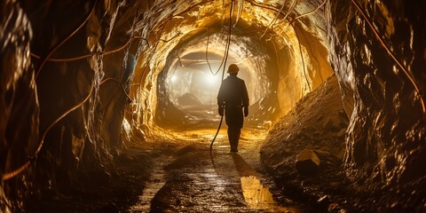a man with a shovel extracts coal at the mine - obrazy, fototapety, plakaty