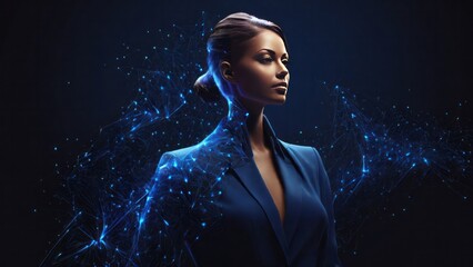 Photo portrait business woman in suit on futuristic polygonal background made of glowing linear polygons in dark blue color. Illustration for online business, it, network, support, services app concep