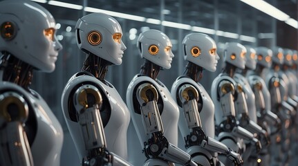 Row of robots on a big technological data center from Generative AI