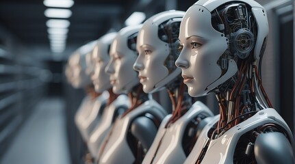 Row of humanoid robots on a big technological data center from Generative AI