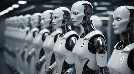 Row of humanoid robots on a big technological data center from Generative AI