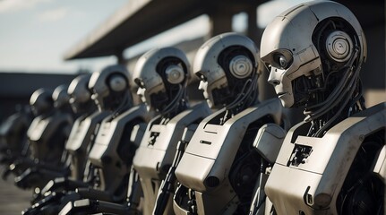 Row of army humanoid robots with weapons on a military base from Generative AI
