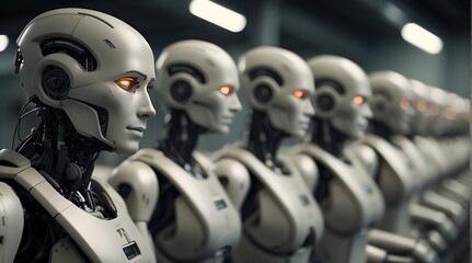 Row of army humanoid robots on a military base from Generative AI