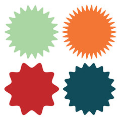Set of vector starburst, sunburst badges. Different color. Simple flat style Vintage labels. Colored stickers.