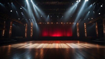 Empty large stage with colorful spotlight, entertainment dance and performance stage ad concept...