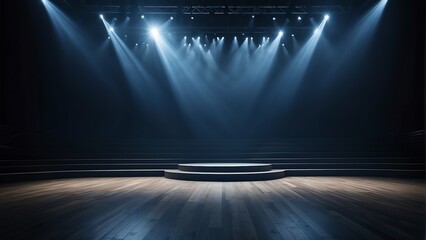 Empty large stage with blue spotlight, entertainment dance and performance stage ad concept from Generative AI - obrazy, fototapety, plakaty