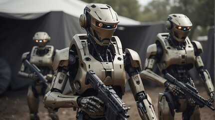An army humanoid robots with weapons on a military base from Generative AI