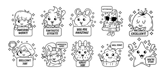 Cute character with a motivation text outline sketch vector illustration set