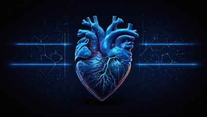 Futuristic polygonal 3d heart made of linear polygons in dark blue color. Modern healthcare, medicine, health, ocular, ophthalmic concept. - obrazy, fototapety, plakaty