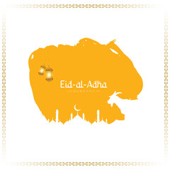 Eid al-adha wishes or greeting post design with grunge and yellow Islamic background with mosque, goat, sheep, lantern, social media wishing banner vector illustration