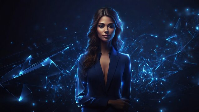 Photo portrait business woman in suit on futuristic polygonal background made of glowing linear polygons in dark blue color. Illustration for online business, it, network, support, services app concep