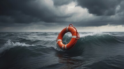 A lifebuoy floating on a wavy sea on a cloudy sky with storm and rain from Generative AI