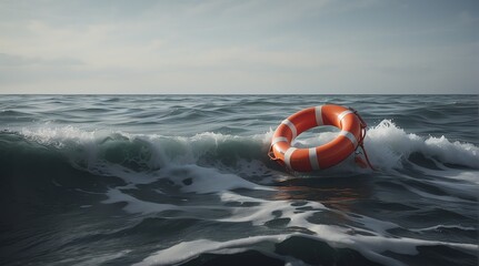 A lifebuoy floating on a wavy sea from Generative AI - obrazy, fototapety, plakaty
