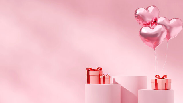 3d render image empty space pink podium in landscape with balloons and present boxes
