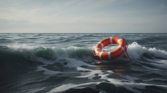 A lifebuoy floating on a wavy sea from Generative AI
