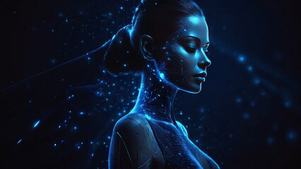 Futuristic polygonal 3d face intelligence of woman made of glowing linear polygons in dark blue color. Abstract illustration for online business, it, network, support, services app concept. - obrazy, fototapety, plakaty