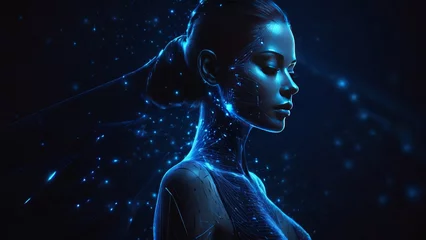 Fotobehang Futuristic polygonal 3d face intelligence of woman made of glowing linear polygons in dark blue color. Abstract illustration for online business, it, network, support, services app concept. © Анастасия Комарова