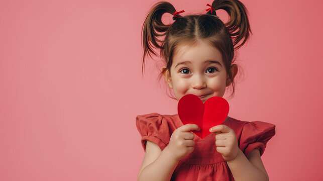 Cute Little Girl smiling and holding red paper heart isolated on light pink background 