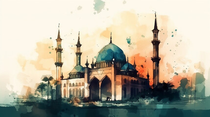 Mosque with minaret in water color style - obrazy, fototapety, plakaty