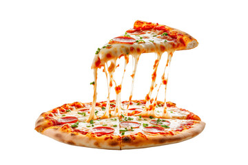 slice of pizza dripping with melting cheese lifting from pizza base, on transparent background