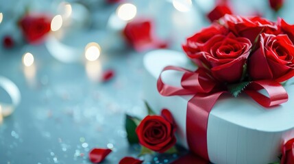 A close up to a white heart shaped present box with red bow and blurred red roses in the light blue background