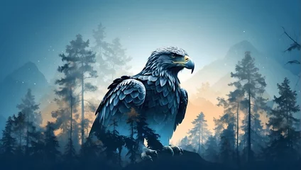 An eagle in a forest , double exposure, gradient blue-green and orange sunset background. © Lance