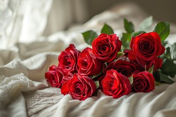 Bouquet of Red Roses on a bedroom romance