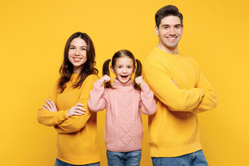 Young parents mom dad with child kid girl 7-8 years old wearing pink knitted sweater casual clothes hold hands crossed folded do winner gesture isolated on plain yellow background. Family day concept.