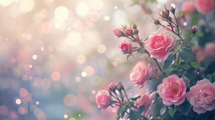 Fototapeta na wymiar A Photo Capturing Cute Roses and Spring Flowers in a Playful Flight, Against a Pastel Bokeh Background, Conjuring a Symphony of Springtime Delight