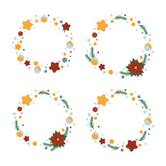 A set of winter wreaths made from fir branches, decorated with poinsettias and Christmas ornaments, balls and stars. Modern design for holiday invitation card, poster, banner, greeting card