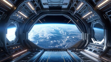 Spaceship futuristic interior with view on planet Earth.