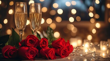 Valentines day red roses on table with champagne, in the style of bokeh