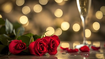 Valentines day red roses on table with champagne, in the style of bokeh