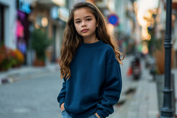 Fototapeta premium Navy-blue sweatshirt mockup wearing by a young girl model - Round neck sweatshirt mockup